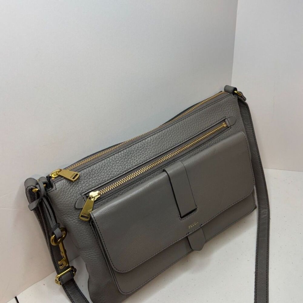Fossil Kinley Gray Pebbled Leather Adjustable Crossbody Shoulder Bag Purse - Picture 6 of 13